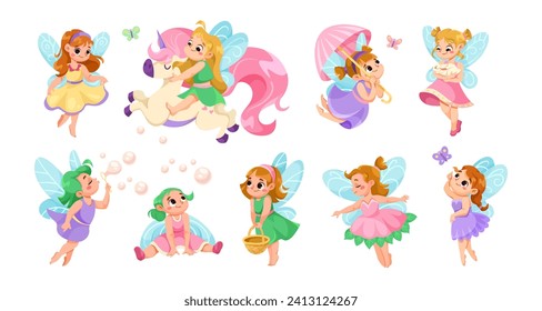 Cute Fairy and Little Pixie with Wings Vector Set