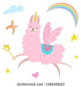 Cute fairy llama unicorn. Cartoon character. Vector illustration. Funny smiling animal.