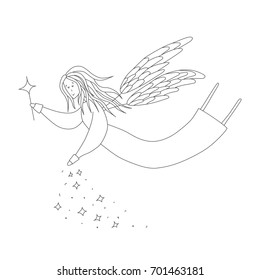 Cute fairy with magic wand. Antistress coloring book. Hand drawn elements for your designs dress, poster, card, t-shirt.