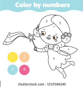 Cute fairy with magic wand fly. Coloring page for kids. Educational children game. Color by numbers activity for toddlers