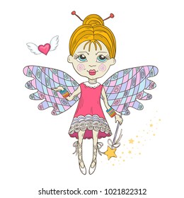 Cute Fairy with magic wand isolated on a white background yand draw style