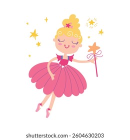 Cute fairy With magic wands. Pretty little Girl On A Pink Dress In Flight. Vector illustration on a white background.