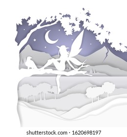 Cute fairy magical and fictional character silhouette sitting on tree branch, vector illustration. Fairytale composition in paper art modern craft style.