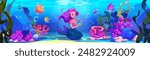 Cute fairy mermaid sit on sea bottom and play with bubble. Cartoon vector illustration of underwater landscape with adorable marine girl princess with tail, bright fishes, corals and seaweeds.