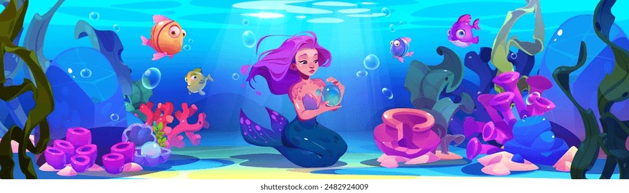 Cute fairy mermaid sit on sea bottom and play with bubble. Cartoon vector illustration of underwater landscape with adorable marine girl princess with tail, bright fishes, corals and seaweeds.