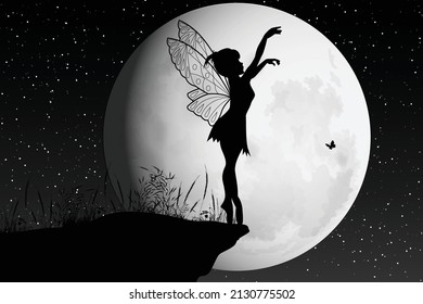 cute fairy and moon silhouette