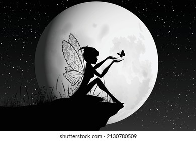 cute fairy and moon silhouette