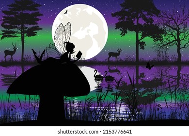 cute fairy and moon silhouette