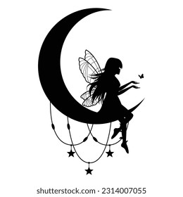 cute fairy and moon silhouette