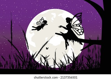 cute fairy and moon silhouette graphic