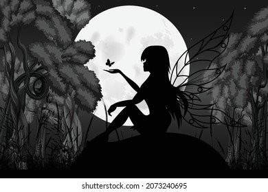 cute fairy and moon silhouette landscape