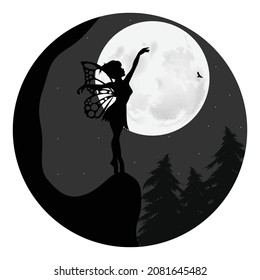 cute fairy and moon silhouette landscape