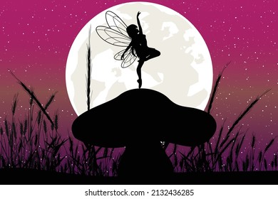 cute fairy and moon silhouette landscape