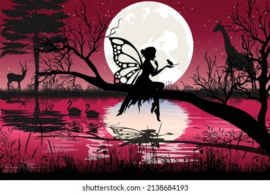 cute fairy and moon silhouette landscape