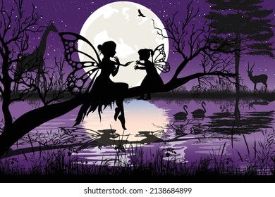 cute fairy and moon silhouette landscape