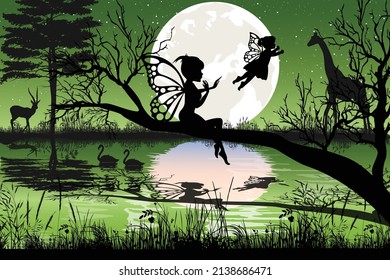 cute fairy and moon silhouette landscape