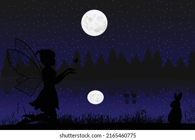 cute fairy and moon silhouette landscape