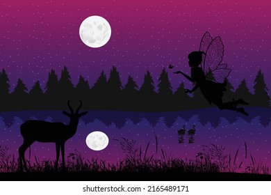 cute fairy and moon silhouette landscape