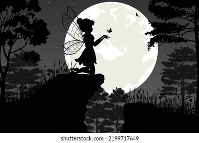 cute fairy and moon silhouette landscape