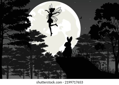 cute fairy and moon silhouette landscape