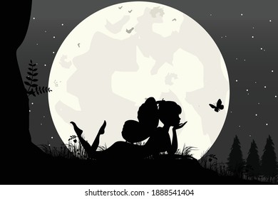 cute fairy and moon silhouette, simple vector illustration