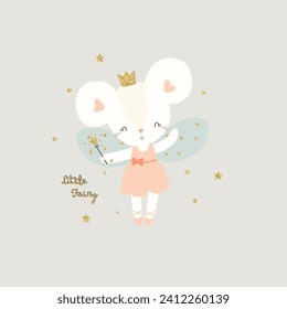 cute fairy mouse vector print illustration for children's design. For postcards, posters, prints, etc.