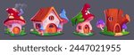 Cute fairy mushroom gnome house fantasy vector. Fairytale magic dwarf building inside poisonous fungus. Imagination hobbit village clipart set. Beautiful elf home with land summer art drawing