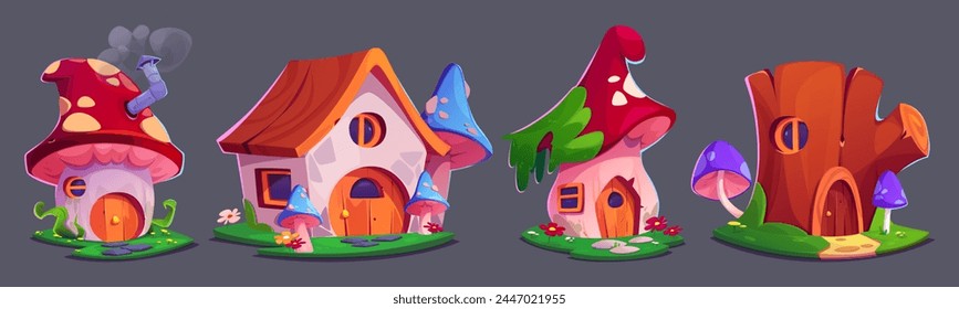 Cute fairy mushroom gnome house fantasy vector. Fairytale magic dwarf building inside poisonous fungus. Imagination hobbit village clipart set. Beautiful elf home with land summer art drawing