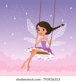 Cute Fairy On Swing. Magical Creature From Fairy Tale. Cartoon Girl Character With Wings Wearing Purple Dress. Beautiful Starry Sky On Background. Flat Vector Design