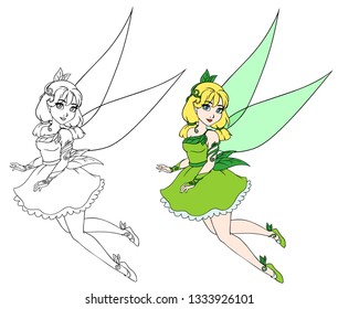 Cute fairy with pigtails. hand drawn vector illustration on a white background for coloring book, tattoo, card, t-shirt template etc. 