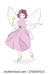 Cute fairy in the pink dress with the magic wand. Isolated illustration on white