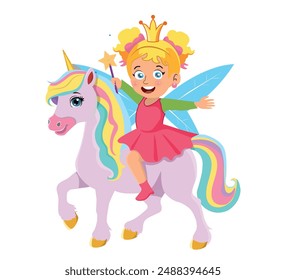 Linda hada en vestido rosa y un lindo unicornio, Ilustración vectorial.