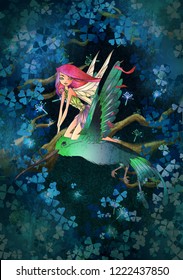 Cute fairy with pink long hair flying a colibri in front of magic forest background