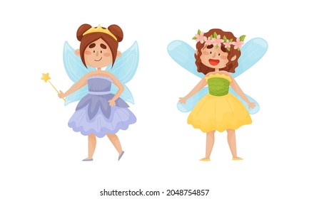 Cute Fairy or Pixie with Etherial Wings and Magic Wand Vector Set