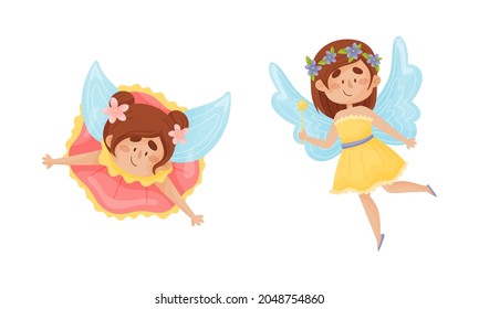 Cute Fairy or Pixie with Etherial Wings and Magic Wand Vector Set