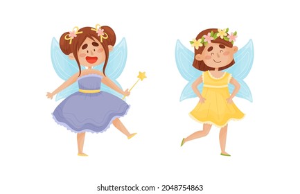 Cute Fairy or Pixie with Etherial Wings and Magic Wand Vector Set