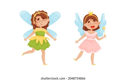 Cute Fairy or Pixie with Etherial Wings and Magic Wand Vector Set