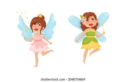 Cute Fairy or Pixie with Etherial Wings and Magic Wand Vector Set