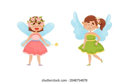 Cute Fairy or Pixie with Etherial Wings and Magic Wand Vector Set