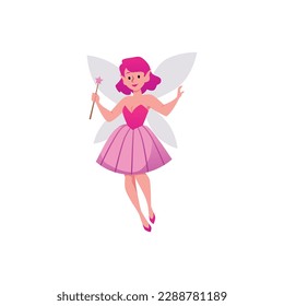 Cute fairy or pixie with magic wand, pink hair and dress, cartoon flat vector illustration isolated on white background. Girly elf with wings flying. Baby shower decoration element.