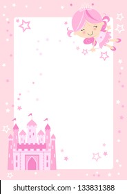 Cute fairy princess border Pretty pink fairy character with fairytale castle and pink border with stars.