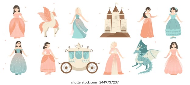 Cute fairy princess. Cartoon little girls in princess dress with medieval castle and dragon, fantasy characters with different emotions. Vector isolated set of princess cartoon fantasy illustration