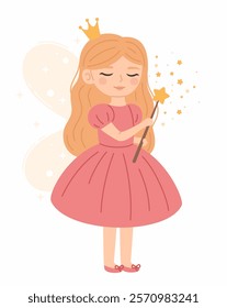 Cute fairy princess in cartoon style. Flat vector illustration.