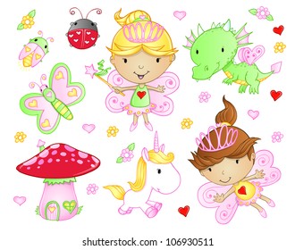 Cute Fairy Princess Flowers Bug And Animal Vector Set