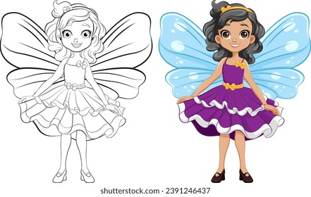 A cute fairy princess girl in a party dress for coloring