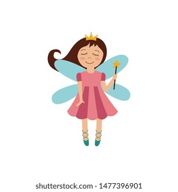 Cute fairy princess with magic wand and gold crown flying and smiling, fantasy cartoon character girl in pink dress - isolated flat hand drawn vector illustration on white background