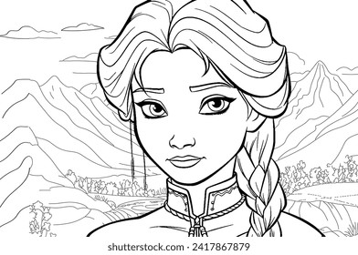  Cute fairy princess portrait coloring page. Outline black ink drawing antistress coloring book northern forest princess isolated on white vector illustration.