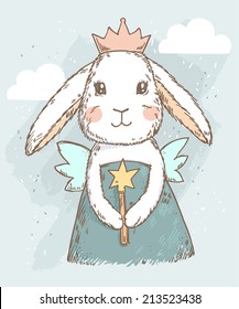 Cute fairy princess rabbit with magic wand, wings and crown. Vector illustration