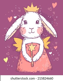 Cute fairy princess rabbit with magic wand, wings and crown. Vector illustration