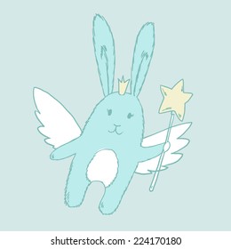 Cute fairy princess rabbit with magic wand, wings and crown. Vector illustration